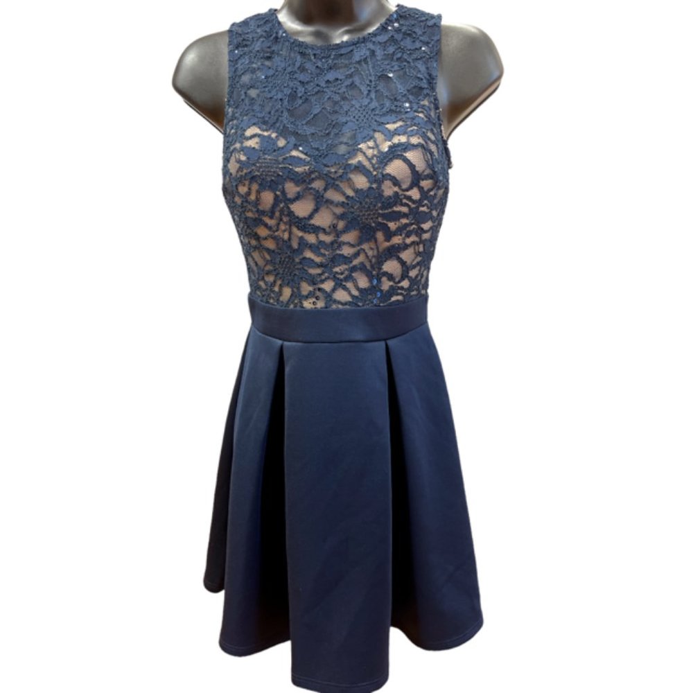 B. Darlin Navy Lace Sleeveless Sequin Illusion Satin Skirt Dress Sz 1/2